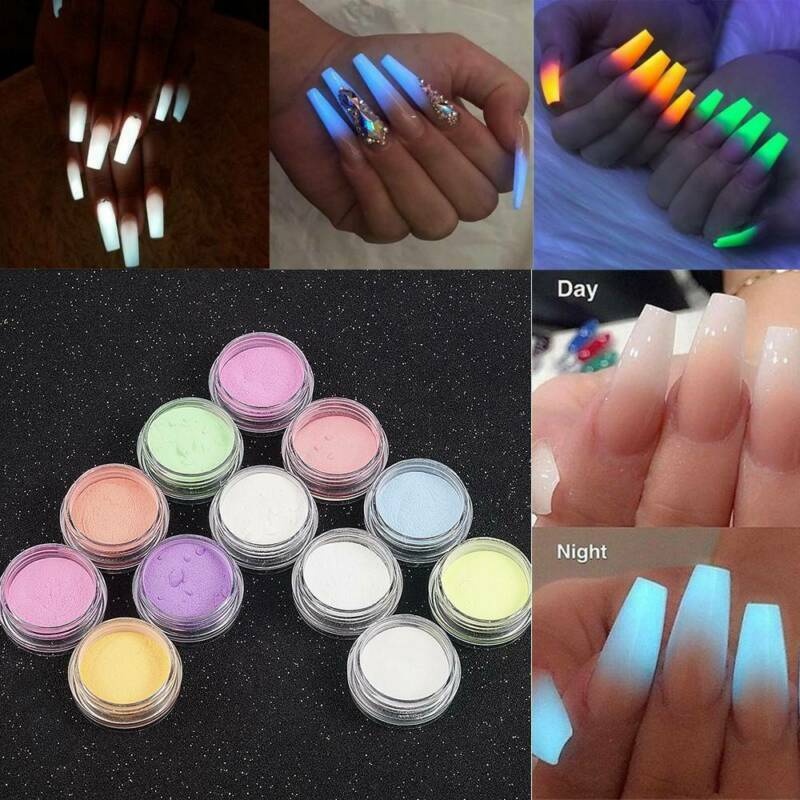 12 Colors Acrylic Luminous Fluorescent Powder Glow In the Dark Nail Art Pigment~