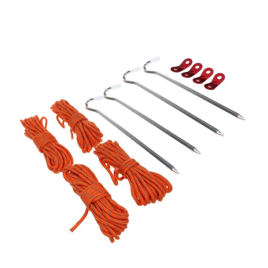 Tent Accessory Set - 4Pc Reflective Rope/4Pc Rope Tensioner/4Pc Tent Stakes