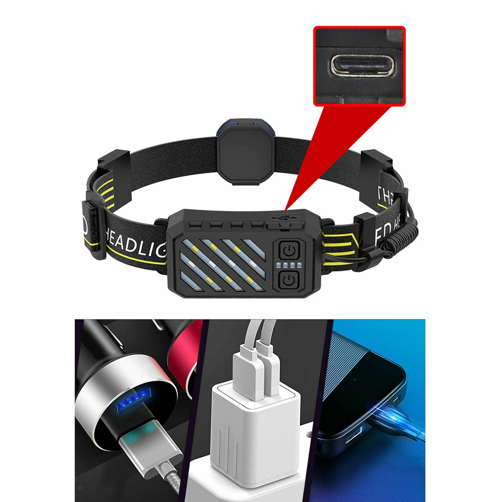 Rechargeable Headlight with 7 Modes, Super Bright LED Head Lamp, Hands-Free