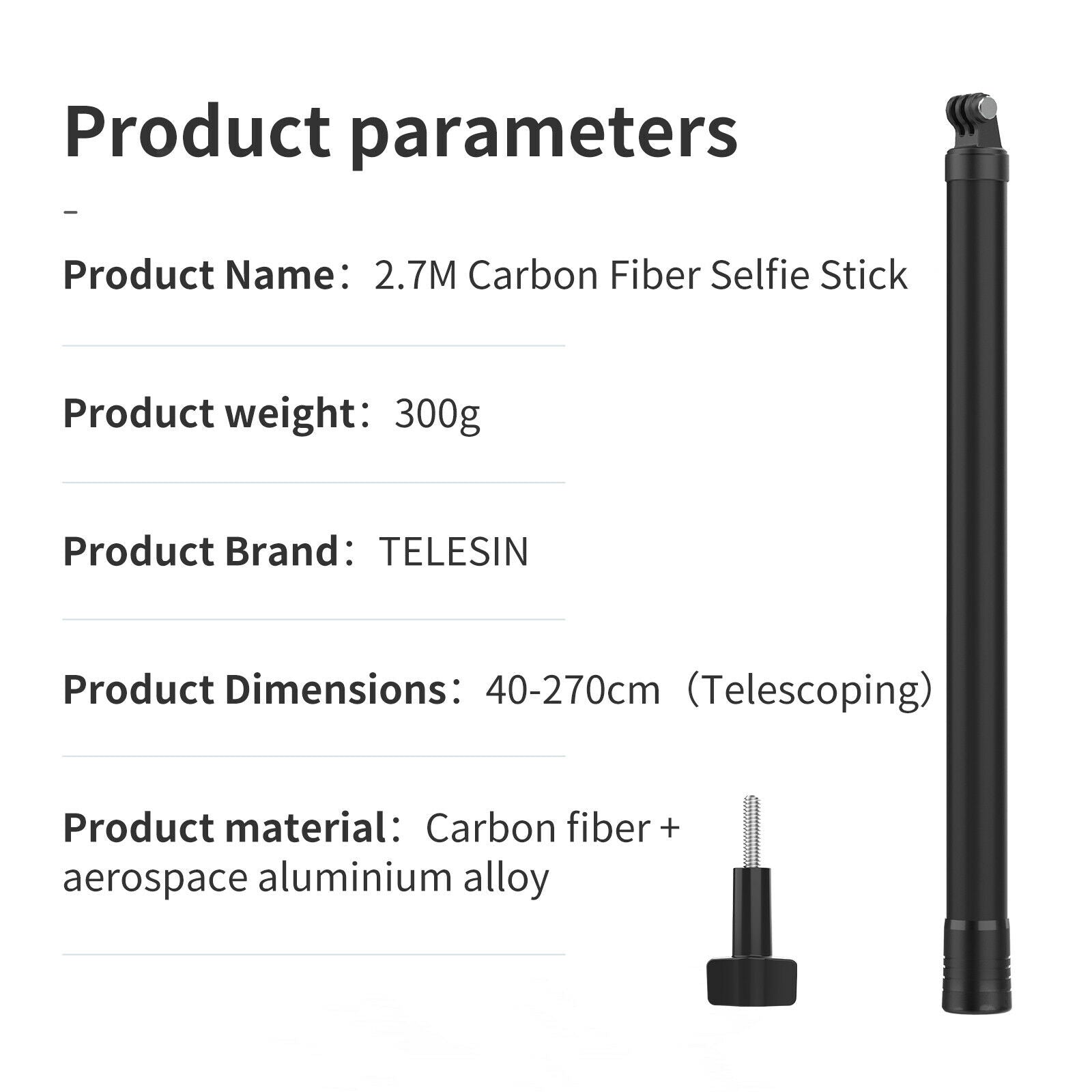 Carbon Fiber Pole Monopod Lightweight 2.7M Selfie Stick for Insta360 Black