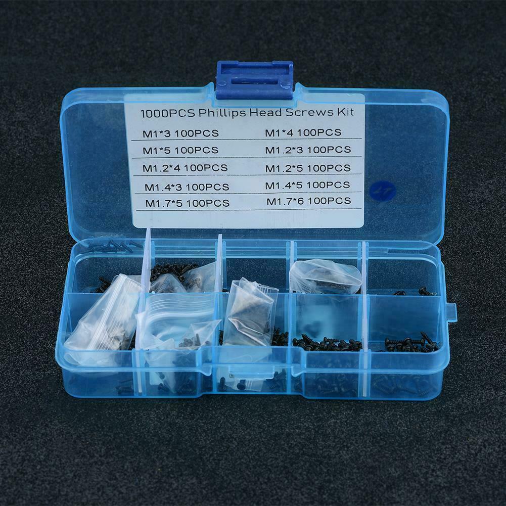 1000pcs Small Screws Cross Head Self-tapping Bolts Assortment Kit M1/1.2/1.4/1.7