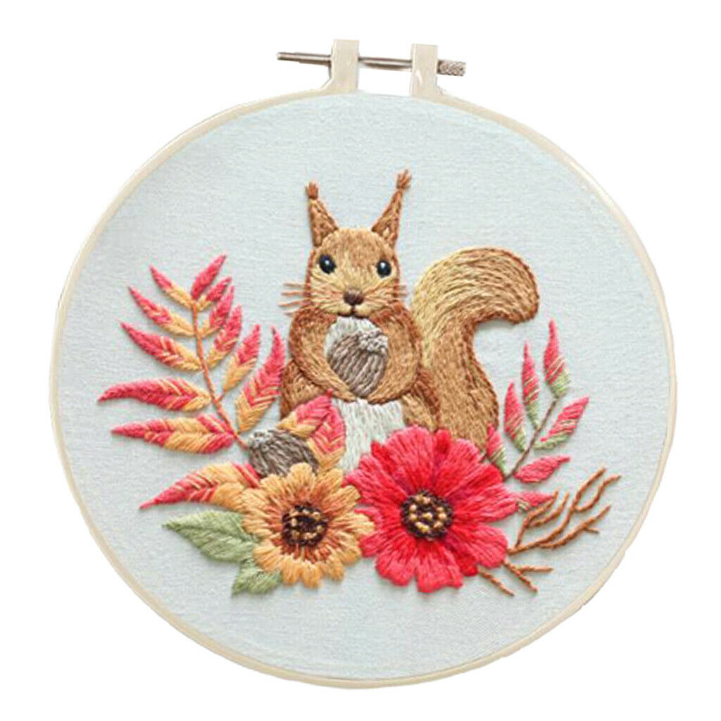 Floral Squirrel Embroidery Kit Stamped Full Set of Cross Stitch Needles Kits