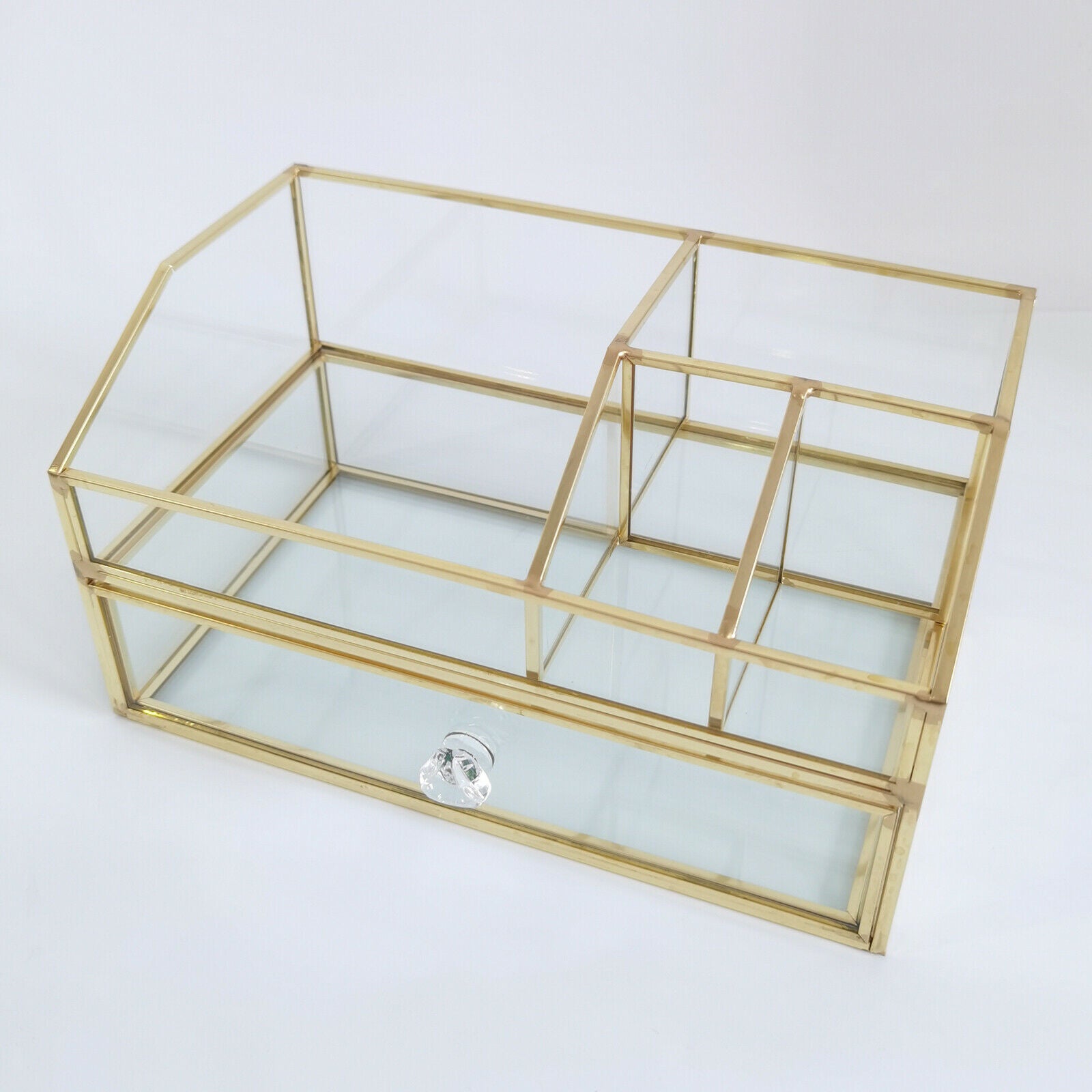Clear Glass Jewelry Organizer Box - Golden Metal Keepsake Box Jewelry Organizer