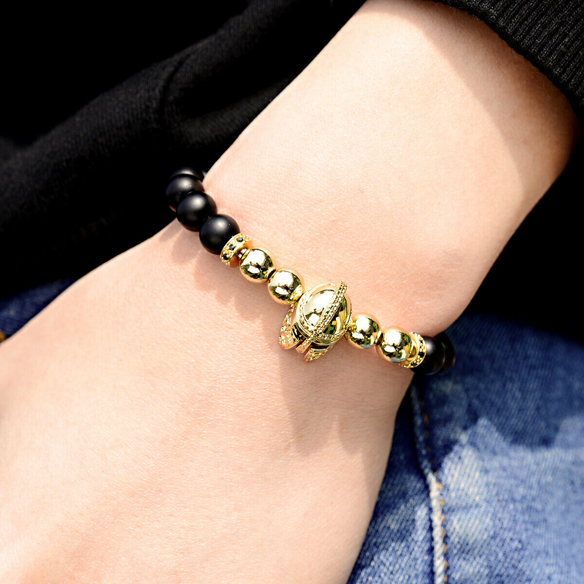 HOT Fashion Charm Bracelet Men Spartan Warrior Helmet Lava Stone Beaded Bracelet
