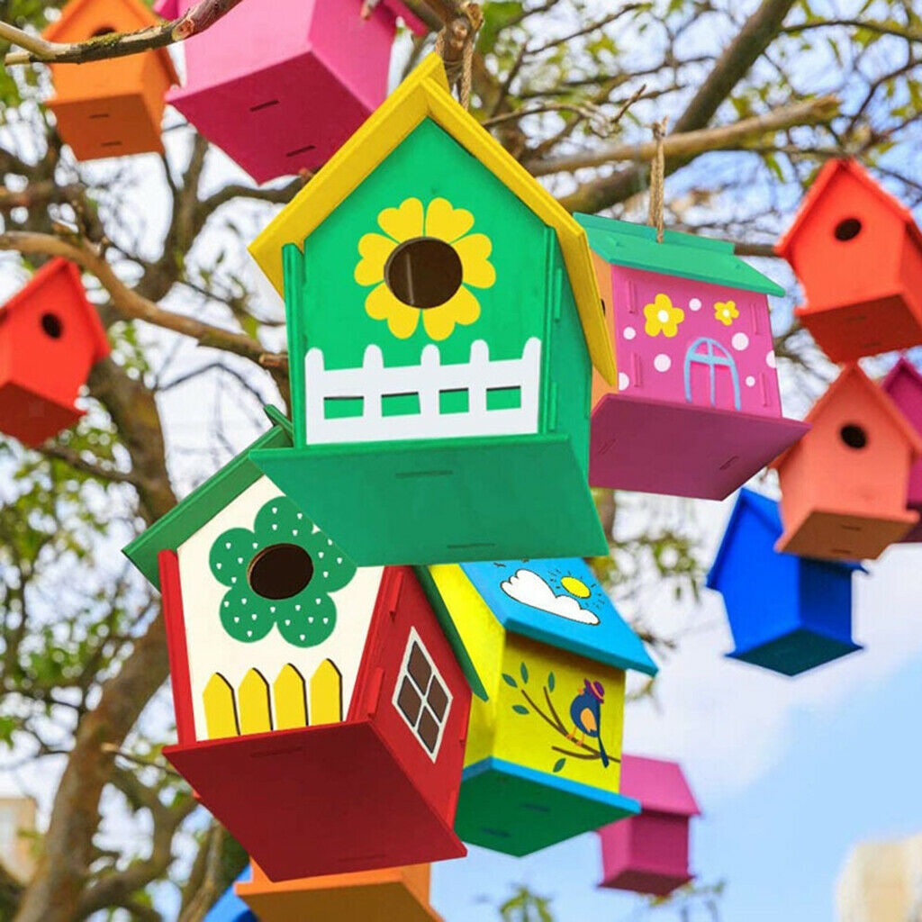 2x DIY Bird House Kit Puzzle Build Paint Hanging Wooden Birdhouse Brush Set