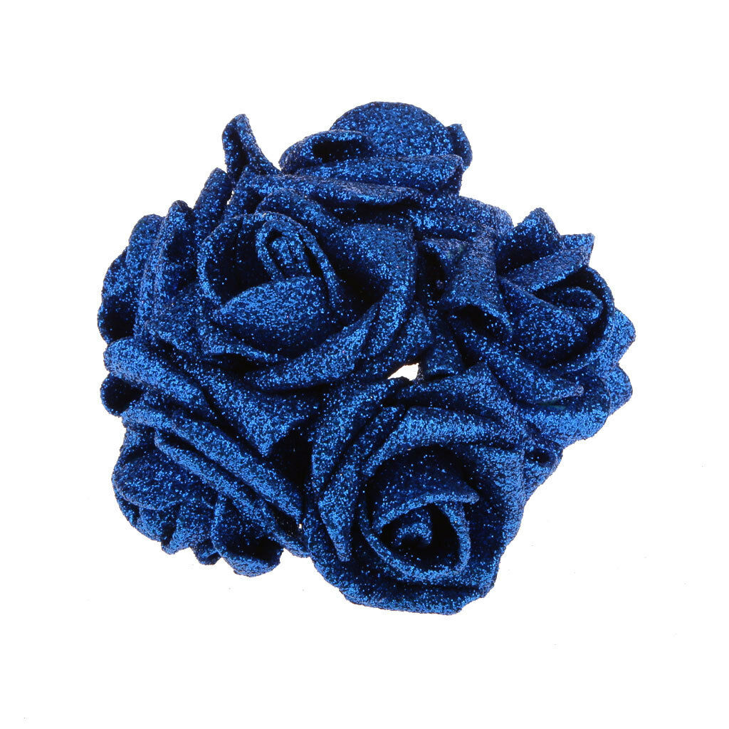Pack of 12pcs Foam Roses Glitter Powder Flower Bouquet Wedding Decor Blue