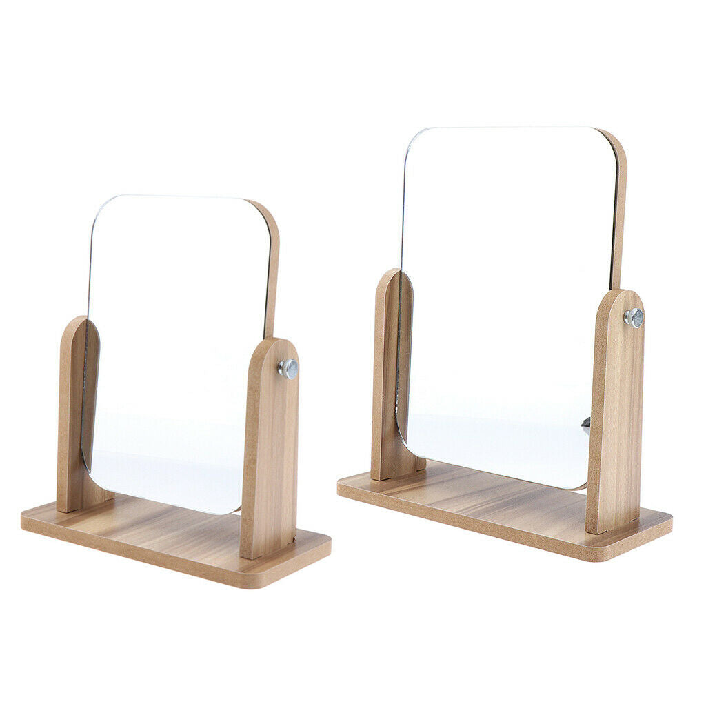 2 Size Retro Cosmetic Tabletop Makeup Mirror with Wood Base Travel 18x13 cm
