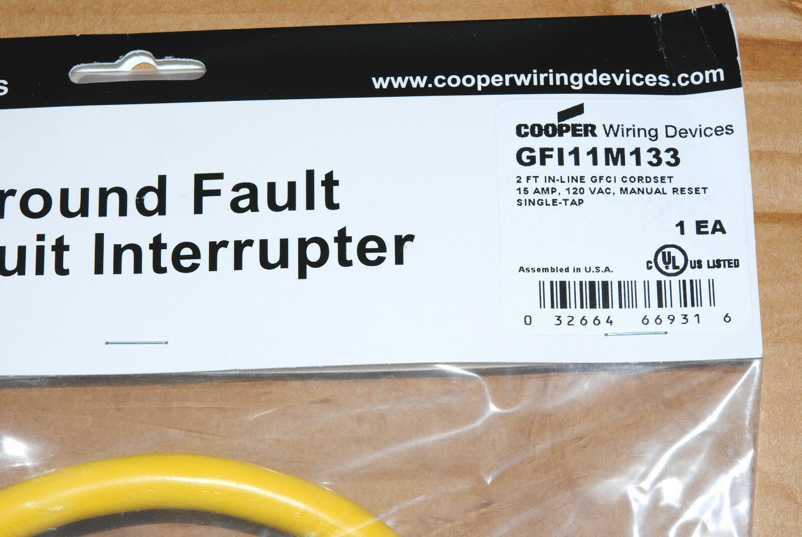 1pcs-COOPER Wiring GFI11M133 15A 120V Portable GFCI 2FT IN-LINE