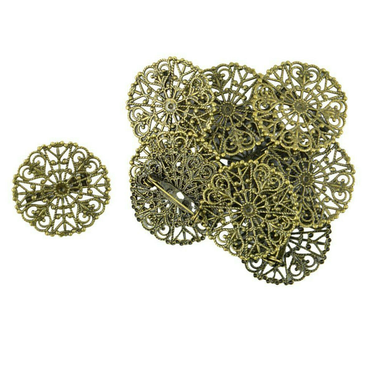 10pcs Retro Filigree Flower Blank Brooch Base Round Pins Back Brooches Settings