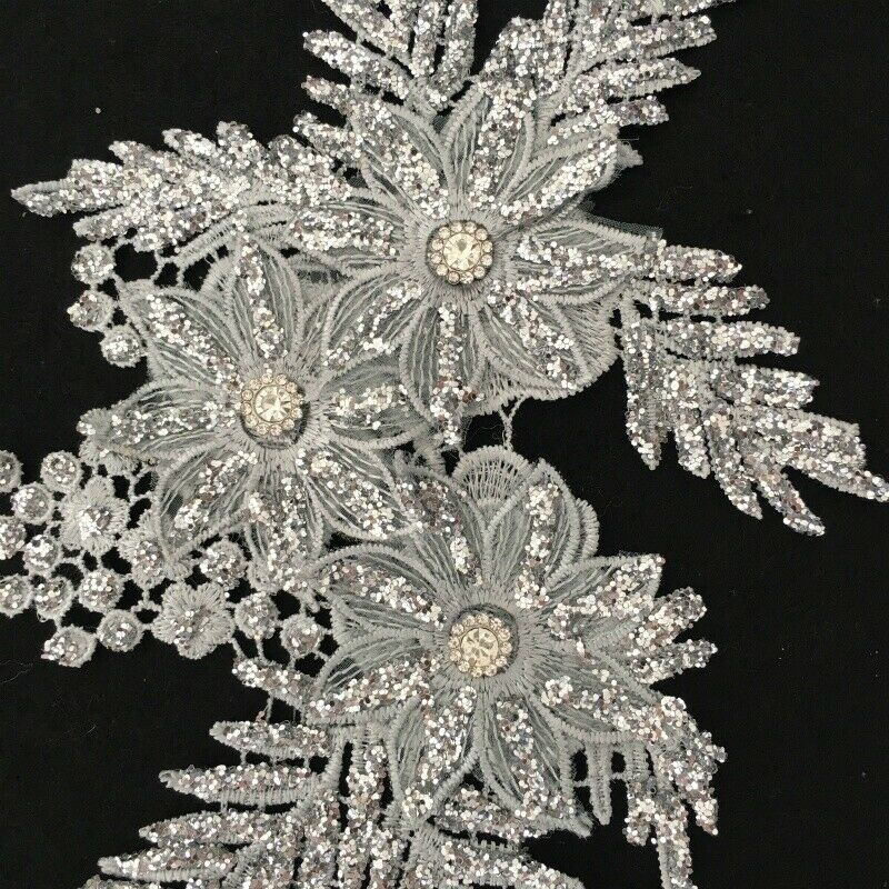 Floral Patch Applique Lace Embroidered Glitter Shiny Crystal Sewing Dress Sliver
