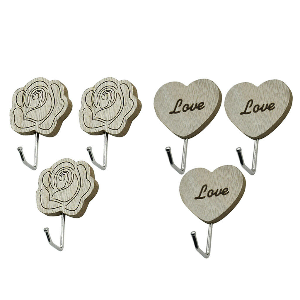 6pcs Retro Style Wooden Wall Hanger Hook Adhesive Bathroom Coat Wall Hangers