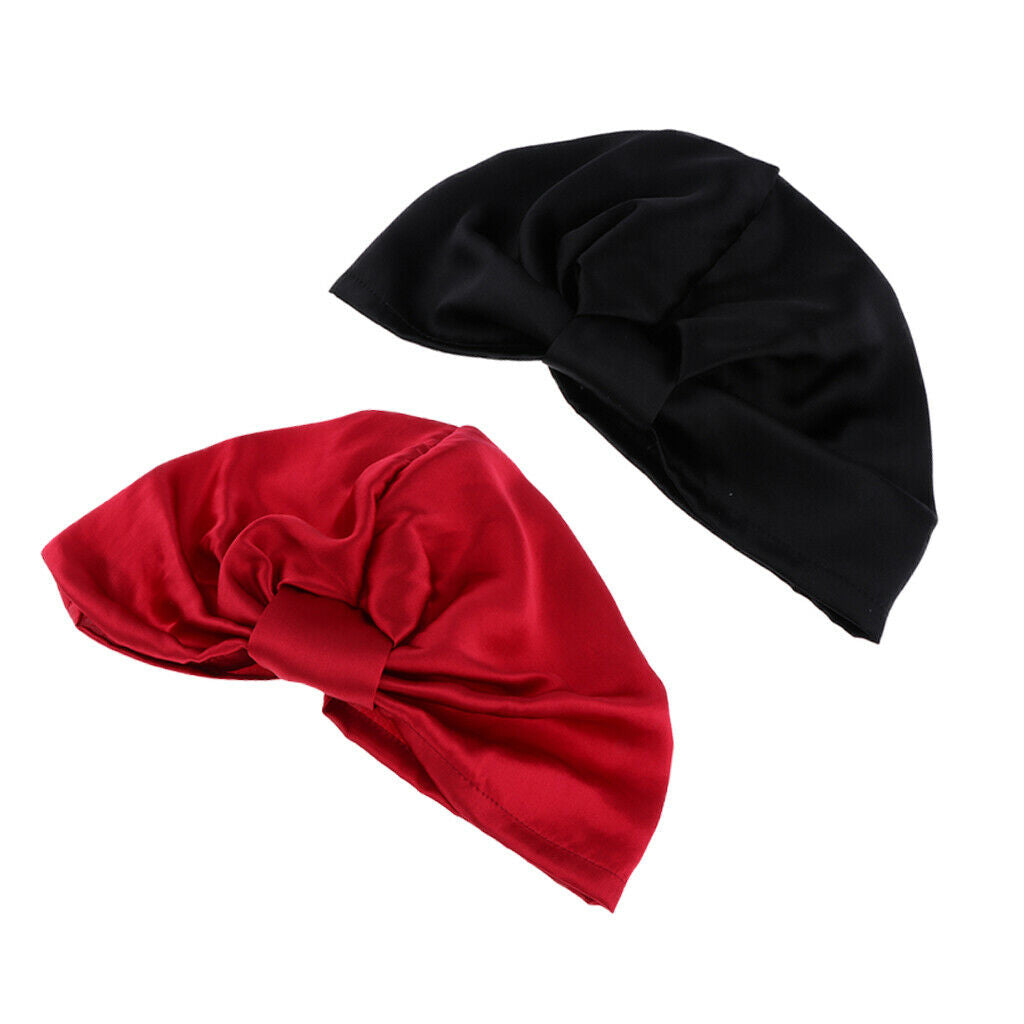 2Pcs Silky Pure Silk Elastic Breathable Knotted Sleep Hat Headwear Beanie