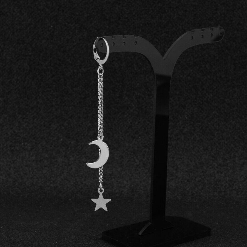 Titanium Steel Moon and Star Tassel Dangle Drop Pendant Earring Korean Jewelry