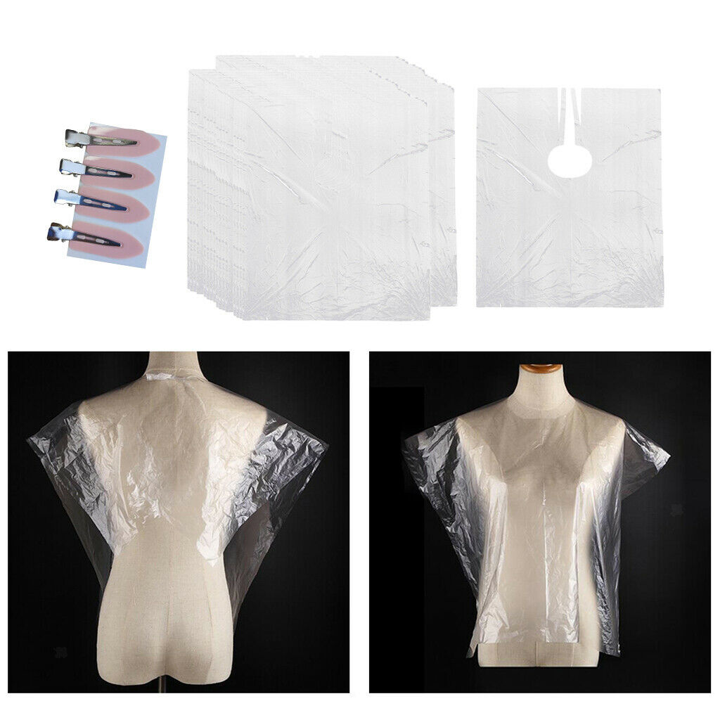 100x Disposable Hair Cutting Cape Transparent Gown Barber with 4pcs Clips