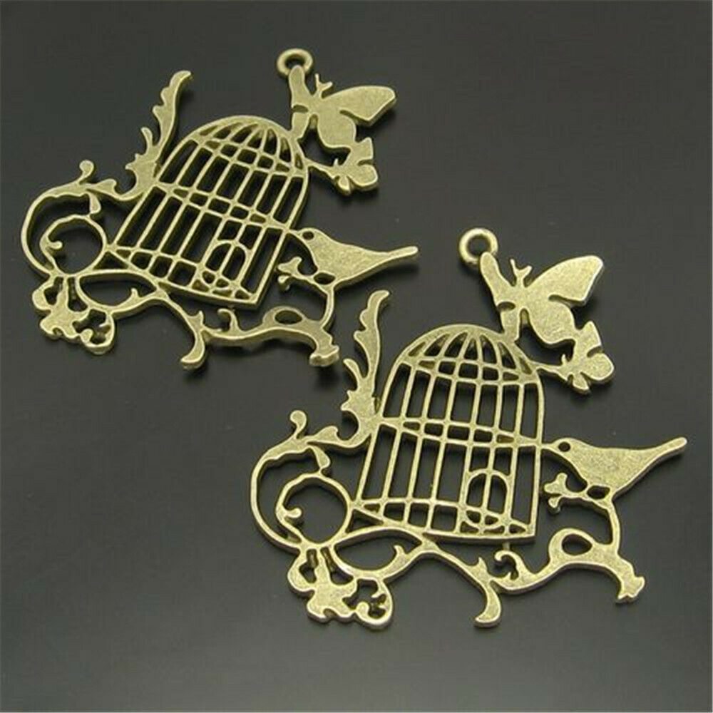 6 pcs Antiqued Bronze Hollowed Floral Bird Cage Alloy Pendant Charm 52*51mm