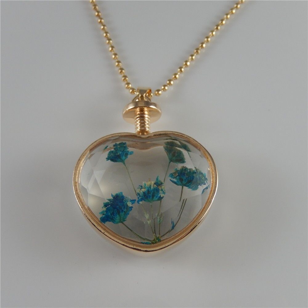 1-pack Clear Glass Heart Floating Dried Flowers Necklace Pendant Jewelry 24 inch