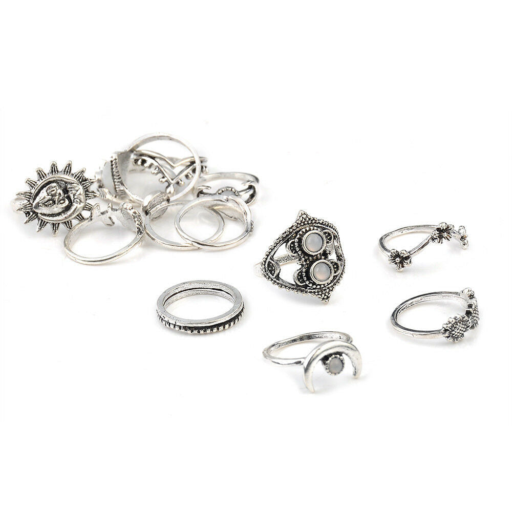 14 PCS/set BOHO Moon & Sun Knuckle Opal Finger Ring Leaf Flower Midi Rings HS67