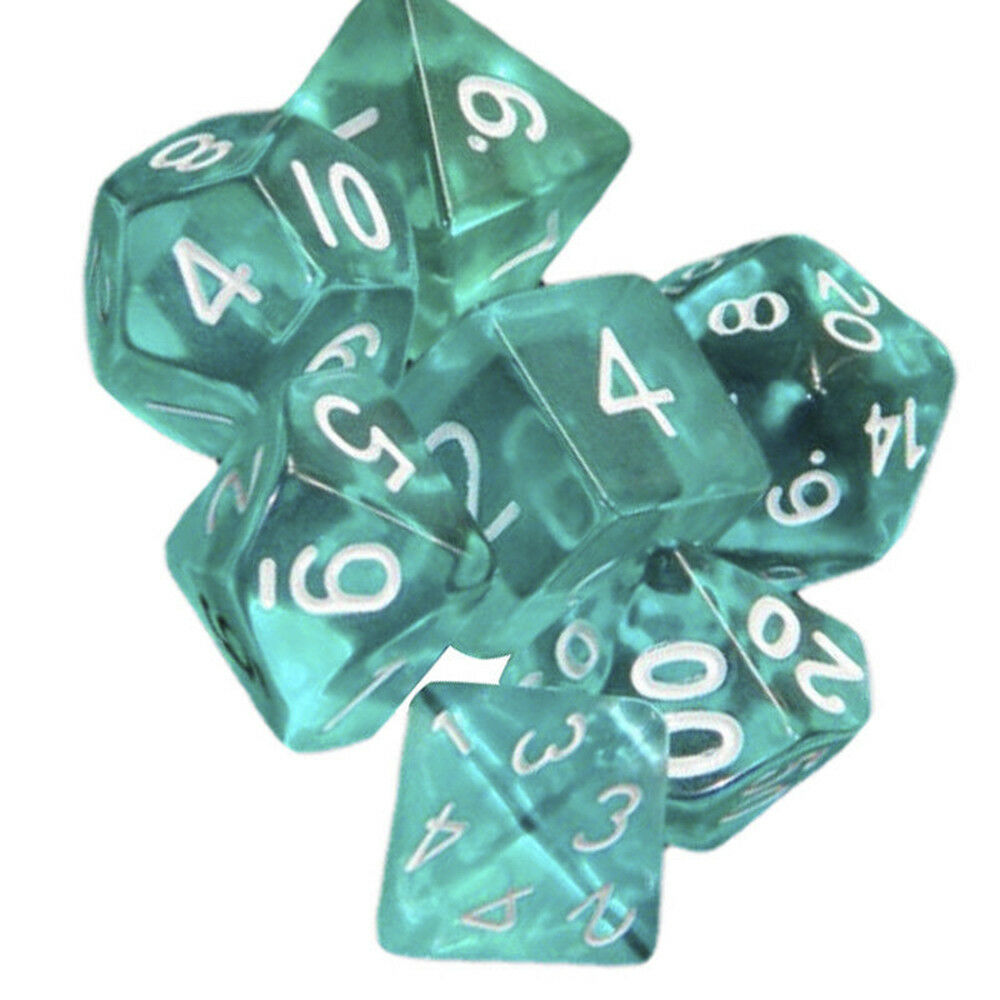 Lots of 7 Piece Polyhedral Set Cloud Drop Translucent Teal RPG DnD With Dice Bag