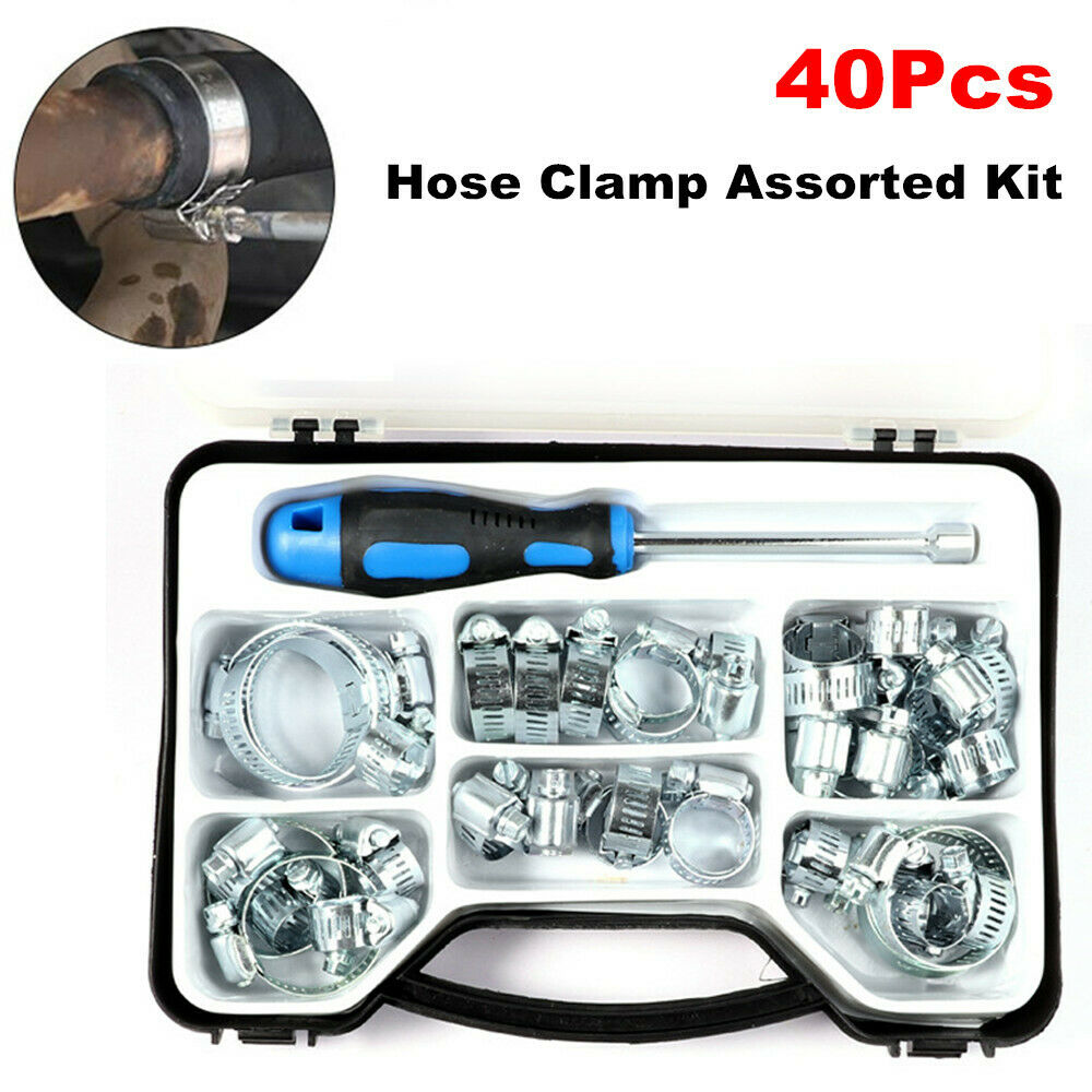 40Pcs Hose Clamp Stainless Steel Single Ear Clip Rings 7-44mm w/Screw Driver Box