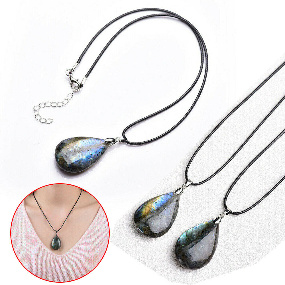 Energy Necklace Labradorite Natural Stone Water Drop Shaped Pendant Jewelry Gift