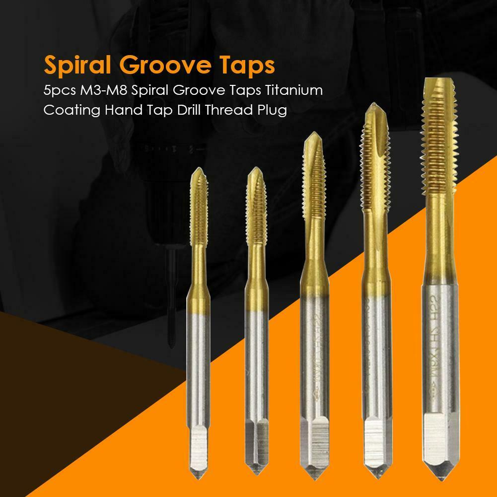 5pcs M3-M8 Spiral Groove Taps Titanium Coating Hand Tap Drill Thread Plug @