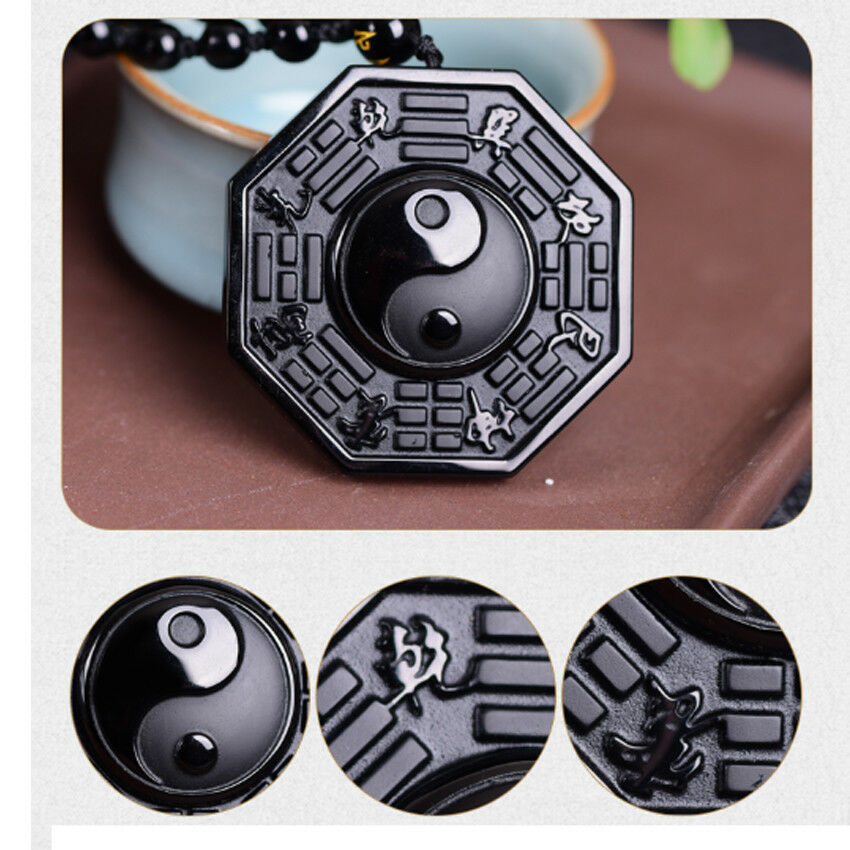 China Natural Black Obsidian Hand-Carved BaGua Lucky Amulet Pattern Pendant