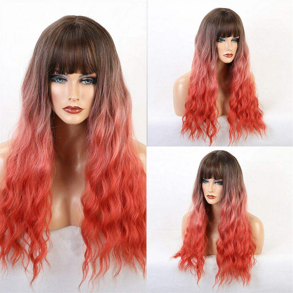 24" Brown Coral Ombre Synthetic Straight Bangs Long Wavy Curly Hair Wigs