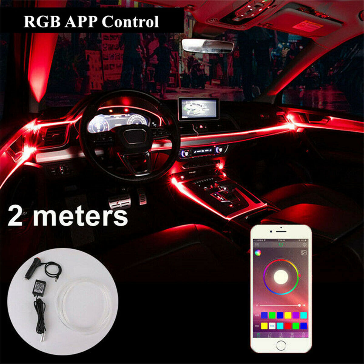 2M Car Center Console RGB LED Ambient Light Fiber Optic Light with APP Control