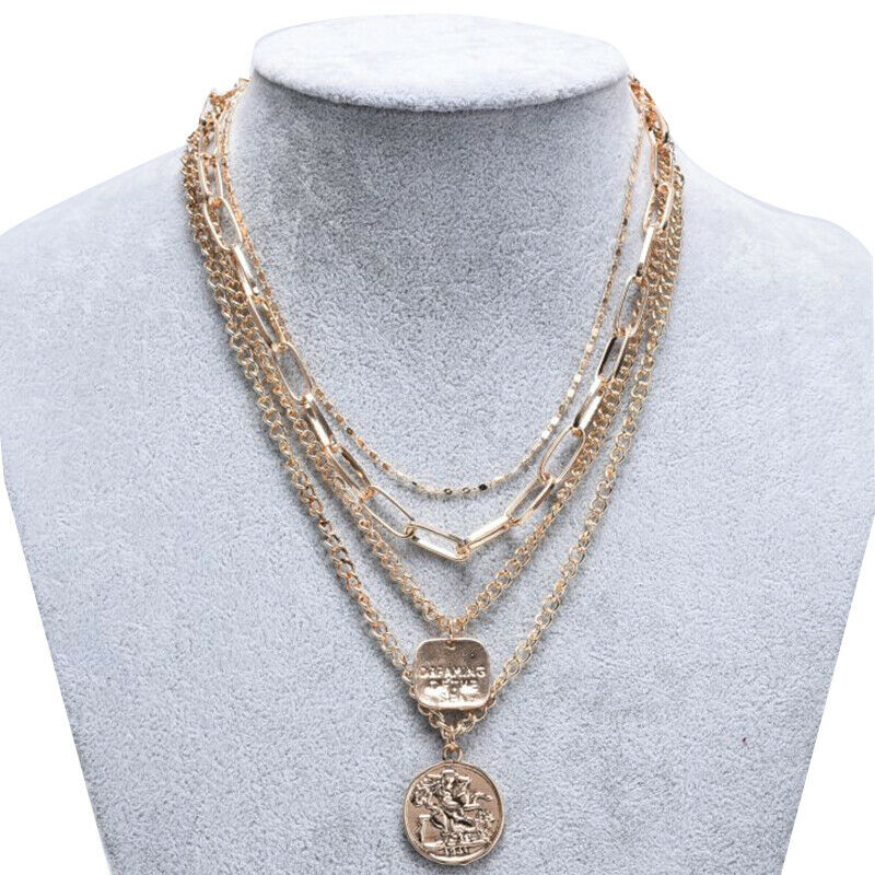 Fashion Women Multilayer Portrait Coin Pendant Choker Necklace Jewelry Gi.l8