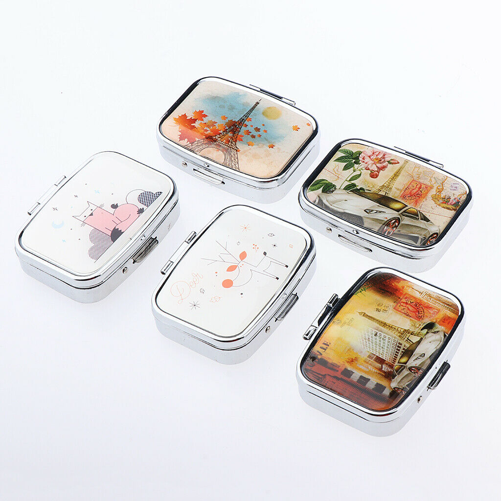 Square Stainless Steel Compact 2 Compartment Medicine Case, Pill Box for Pocket