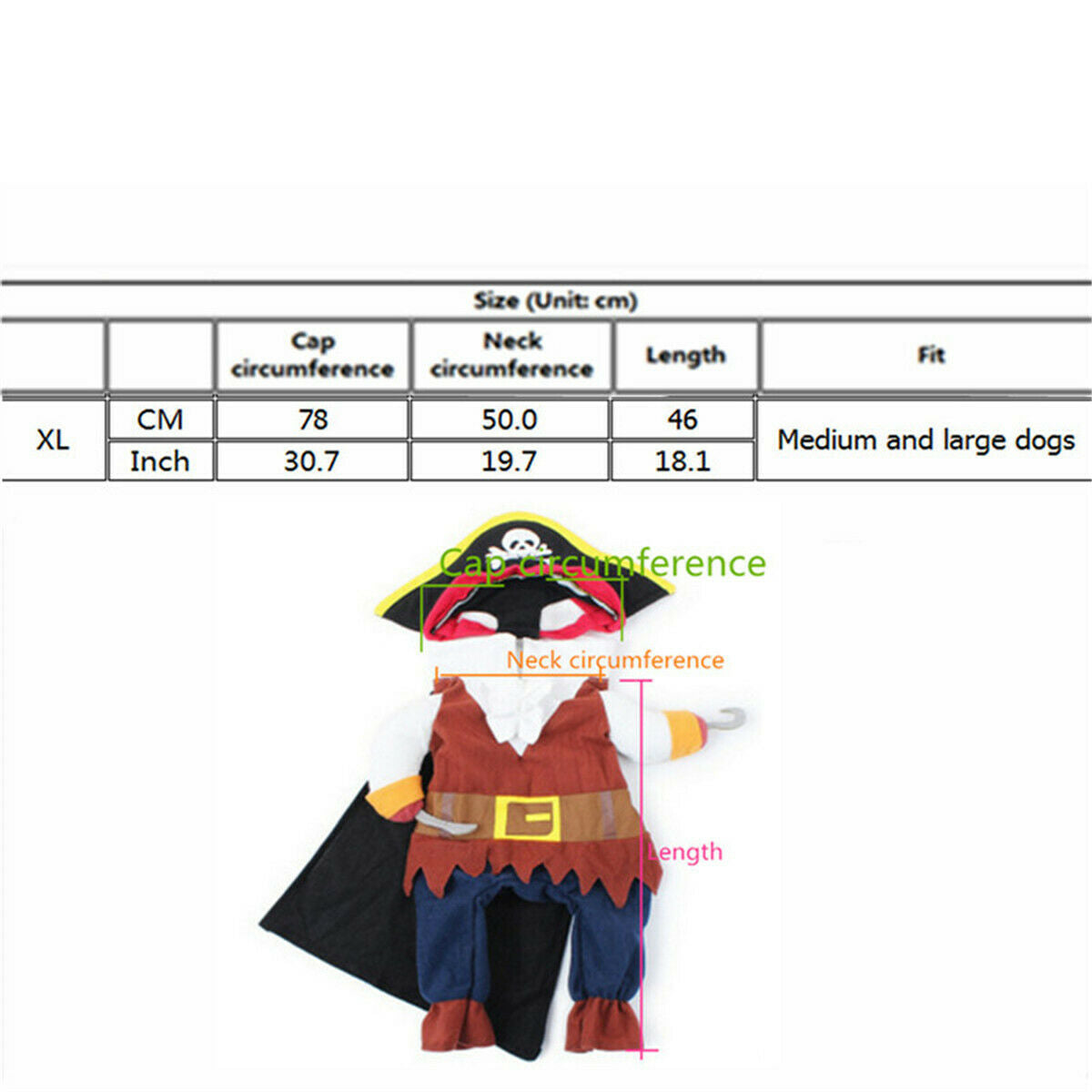 1 Set XL Pet Small Dog Cat Pirate Costume Outfit Jumpsuit Clothes for Halloween