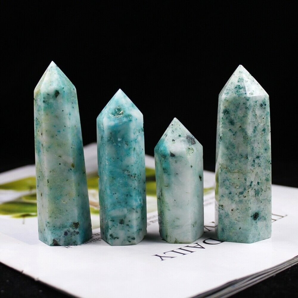 1X Natural Green Crystal Tower Point Reiki Healing Obelisk Hexagonal Wand Luckly