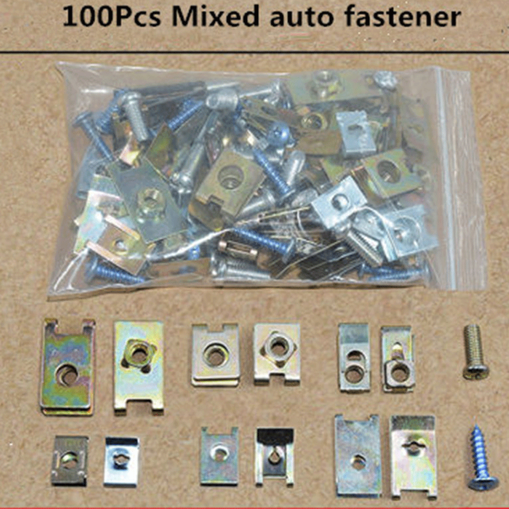 100X Car Door Panel Fastener Fixed Mixed Screw Gasket Fender Metal Clips U-Type