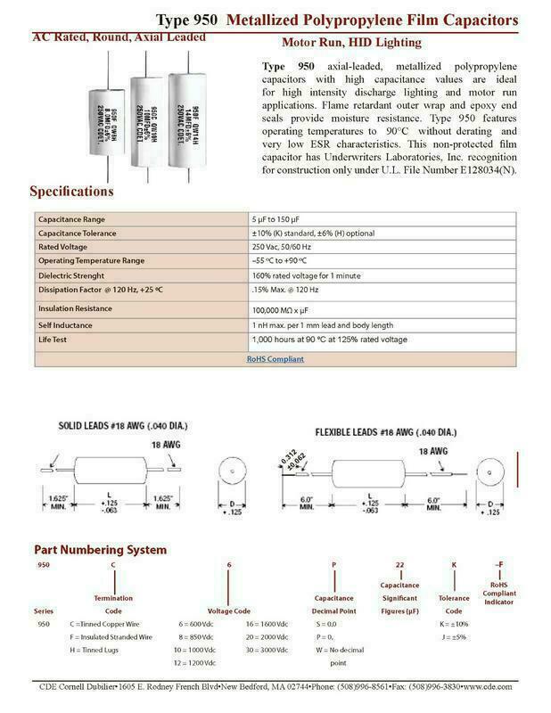 1pcs-CDE 950 8uF 250V(ac) 5% 950CQW8J Polypropylene Axial Film Capacitor