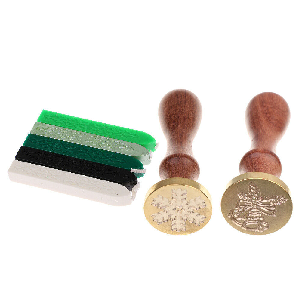 2X Sealing Wax Stamp Xmas Snowflake Bells+5x Wick Sticks for Greeting Cards