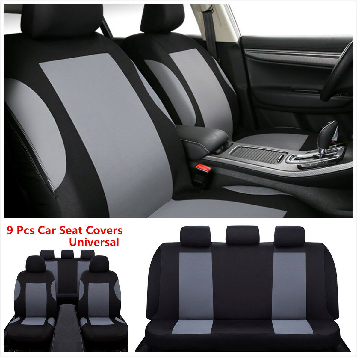 Car Seat Covers - Gray/Black Polyester Cloth - Front & Rear Headrests Bench 9Pcs