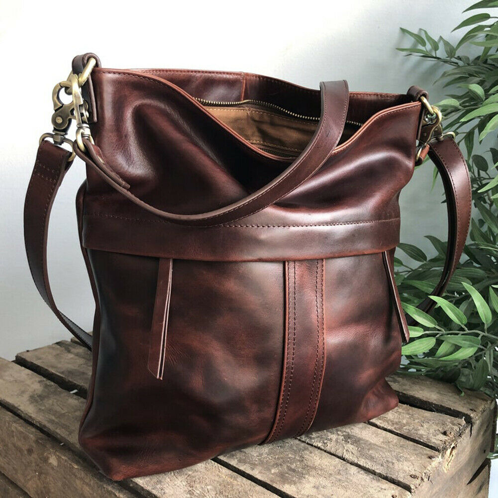 Women Pure Color Crossbody Bag Retro PU Leather Large Capacity Tote Handbag @