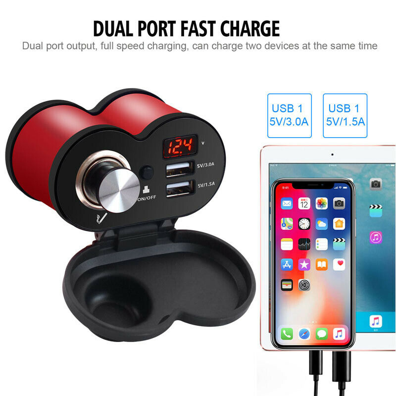 QC3.0 Motorcycle Bike Cigarette Lighter Socket Dual USB Charger Switch Voltmeter