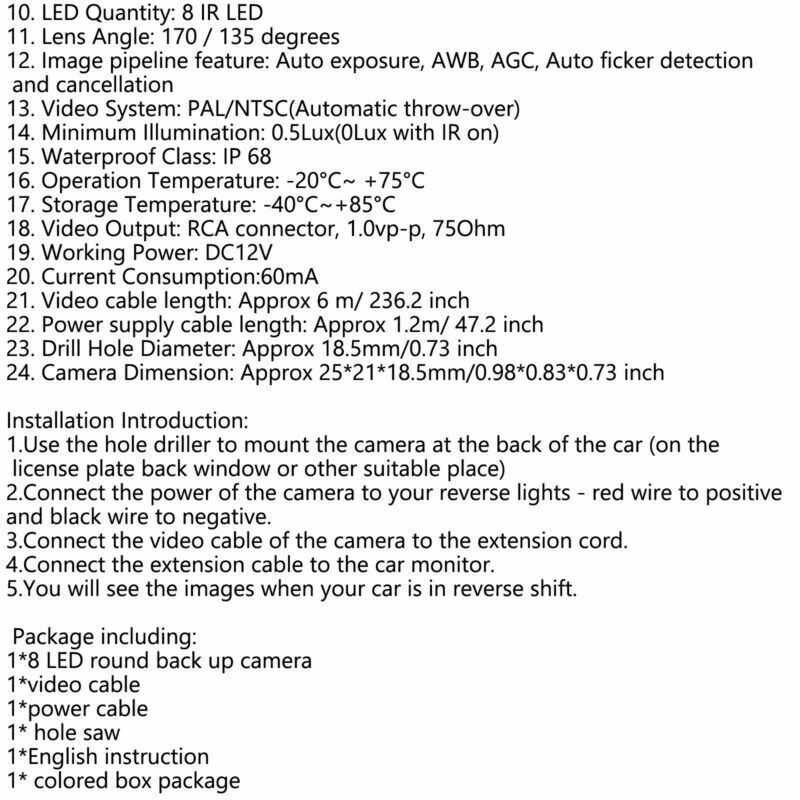170°Auto Reverse Backup Camera Parking CDD CMOS Night View 8LED Universal