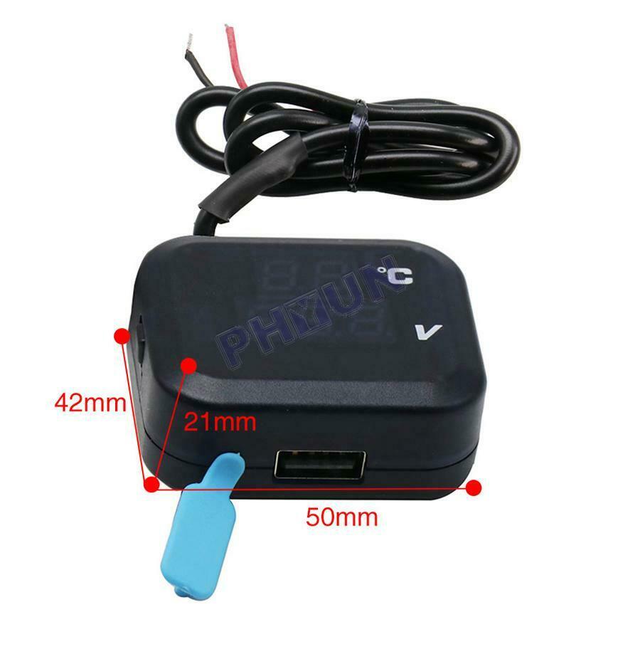 Motorcycle Thermometer Voltage Temp Gauge Blue Red Display w/ USB Phone Charger