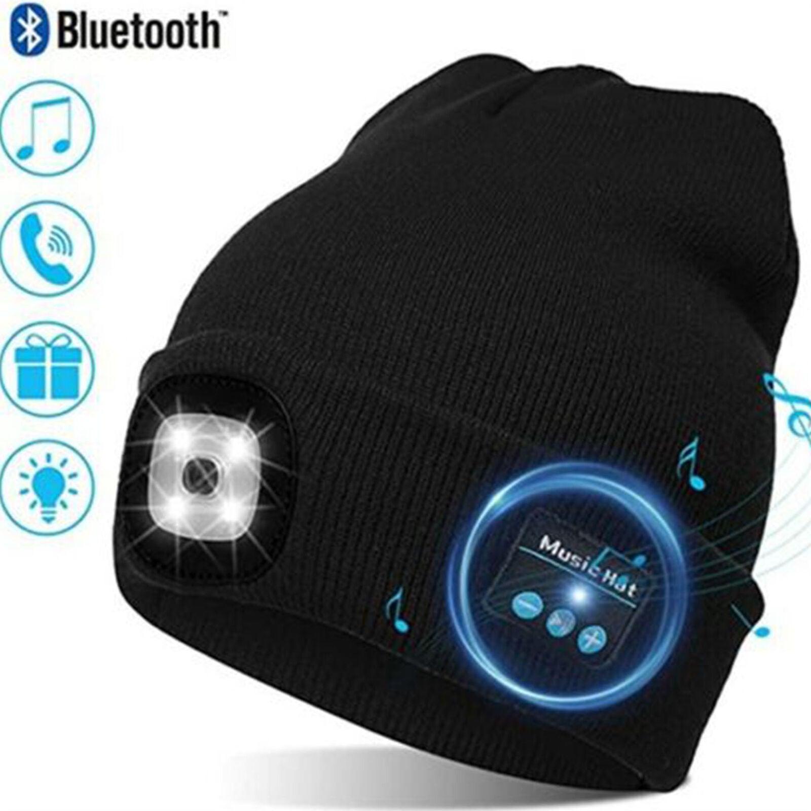 Wireless Bluetooth Smart Cap Winter Knitted Music Hat Mic Headset Flashlight