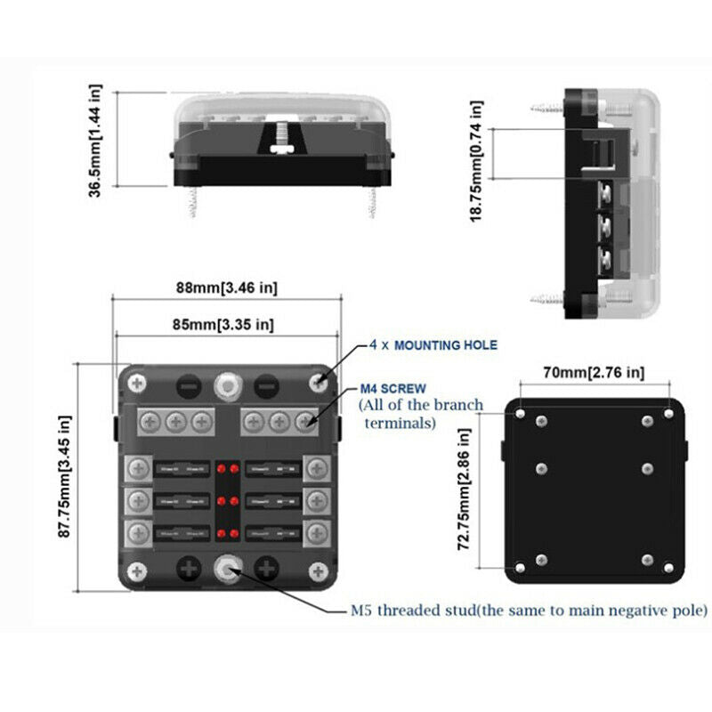 6 Way Fuse Box with screw Blade Fuses Holder Block Car Fuses Universal Fittm TH