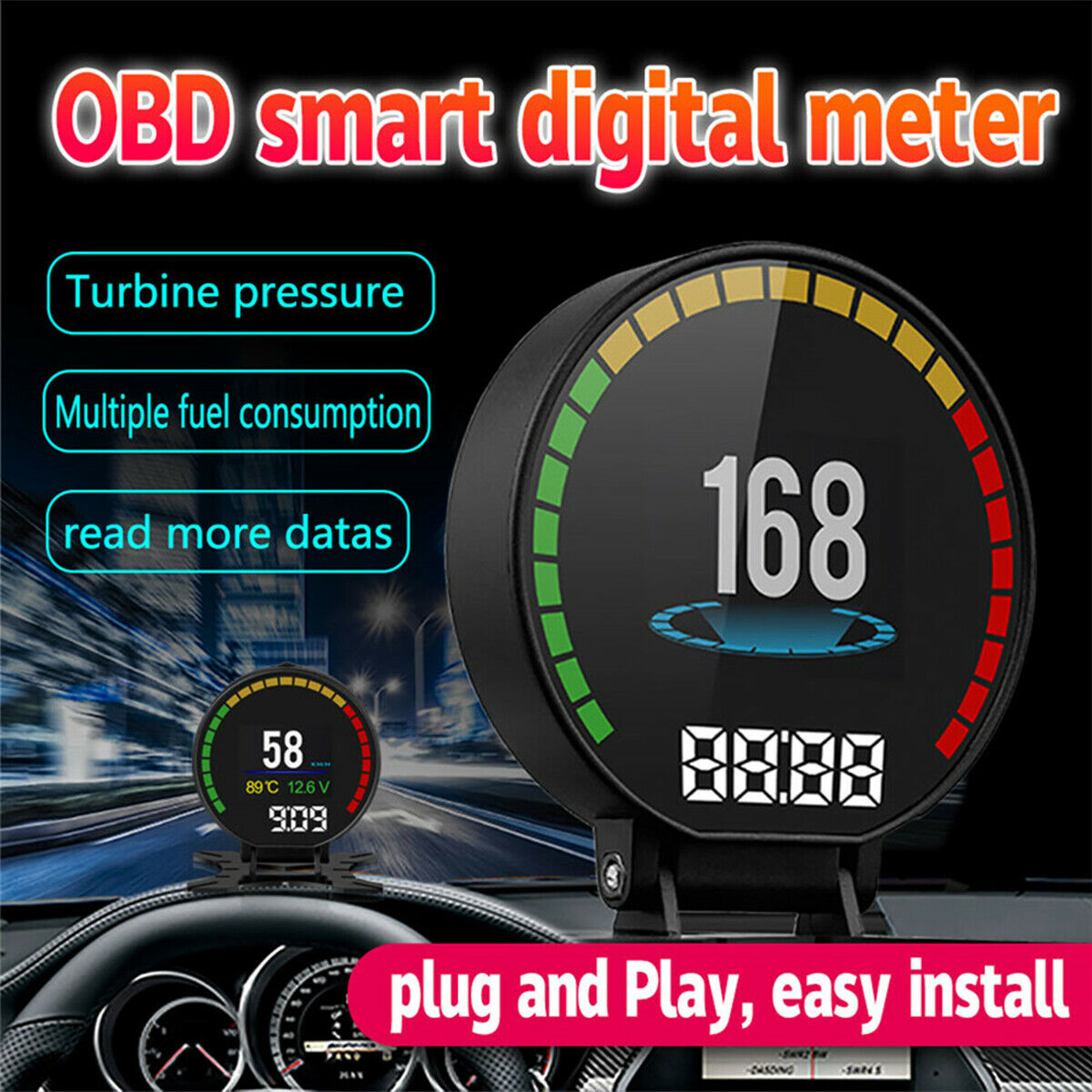 Auto OBD Car Head Up Display Digital Speedometer RPM Temperature Turbo Pressure