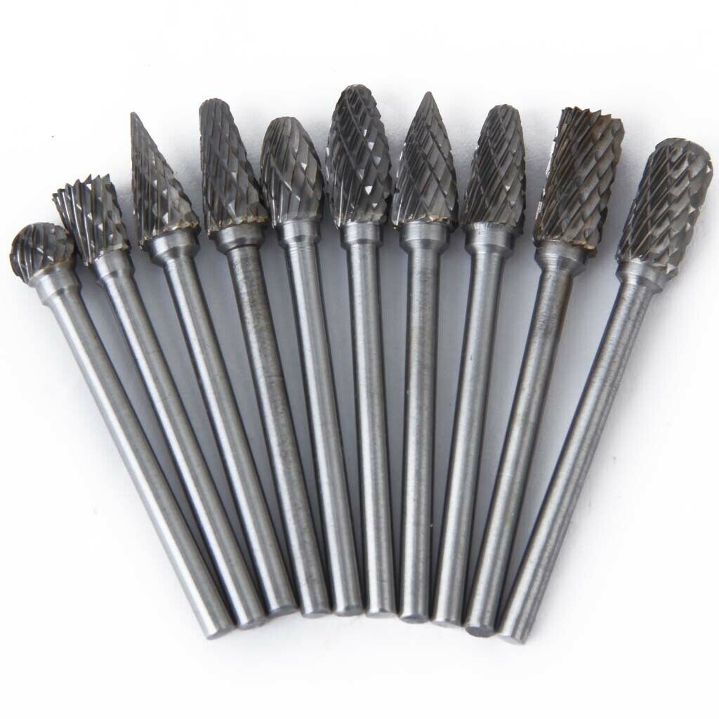 10Pcs Mixed Shape  Steel YG8 Carbide Rotary Burrs Set Diameter 3mm Shank