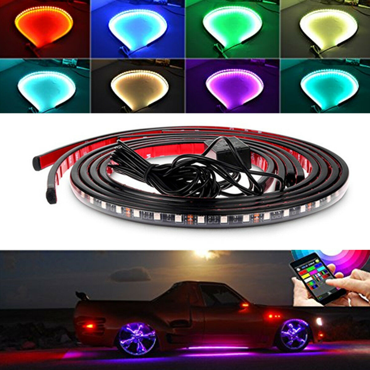 4x 8Color LED Underglow Underbody System Under Car Tube Neon Light Kit Remote
