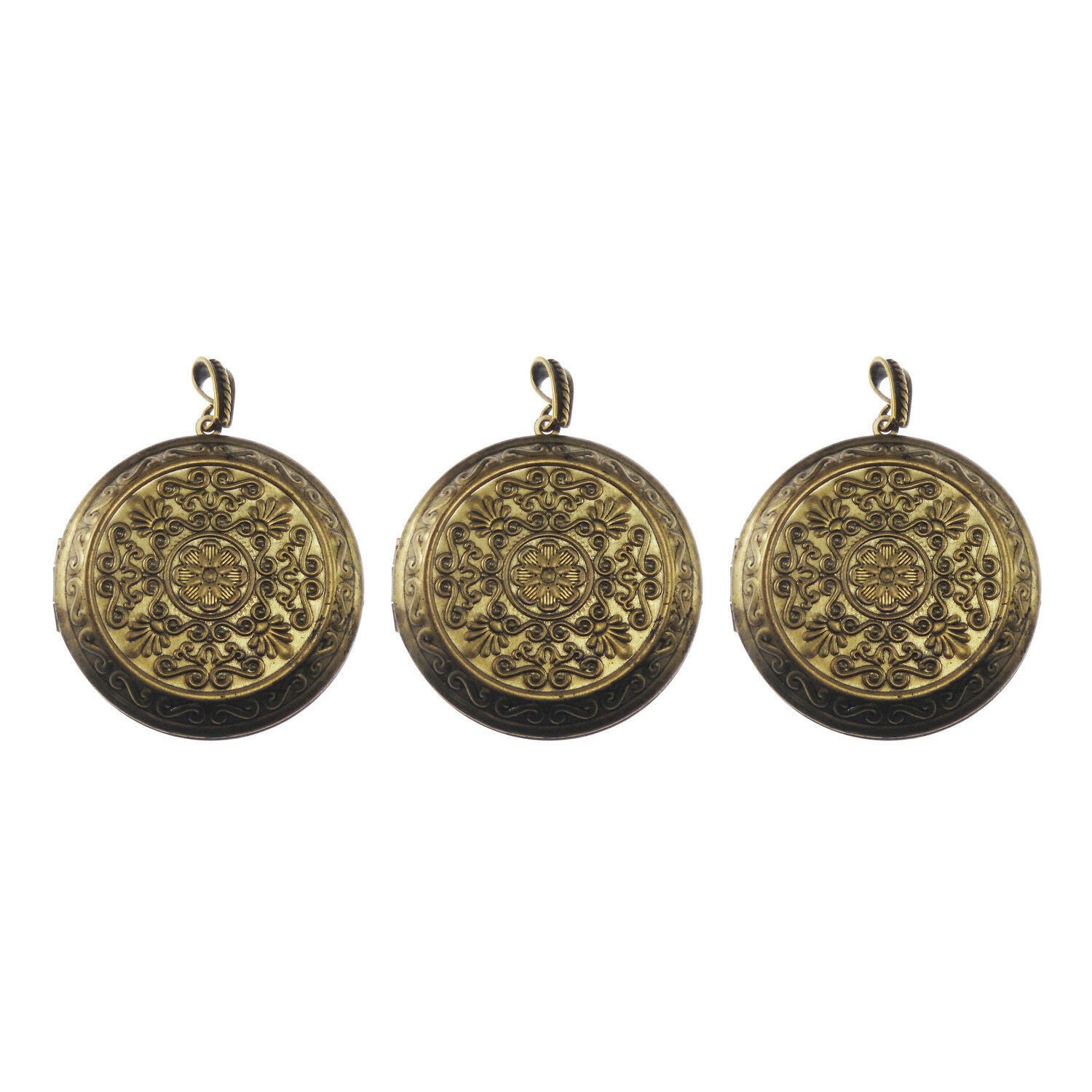 2 pcs Flower Pattern Round Locket Antiqued Bronze Brass Pendant Findings 44mm