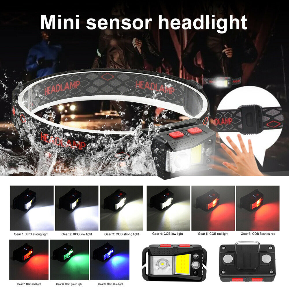 LED Outdoor Headlight Headllamp Waving Smart IR Sensor USB Fishing RGB Light