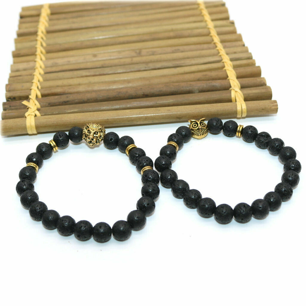 Fashion Women Men Black Lava Stone Beaded Charm Bracelet Jewelry Lion Head