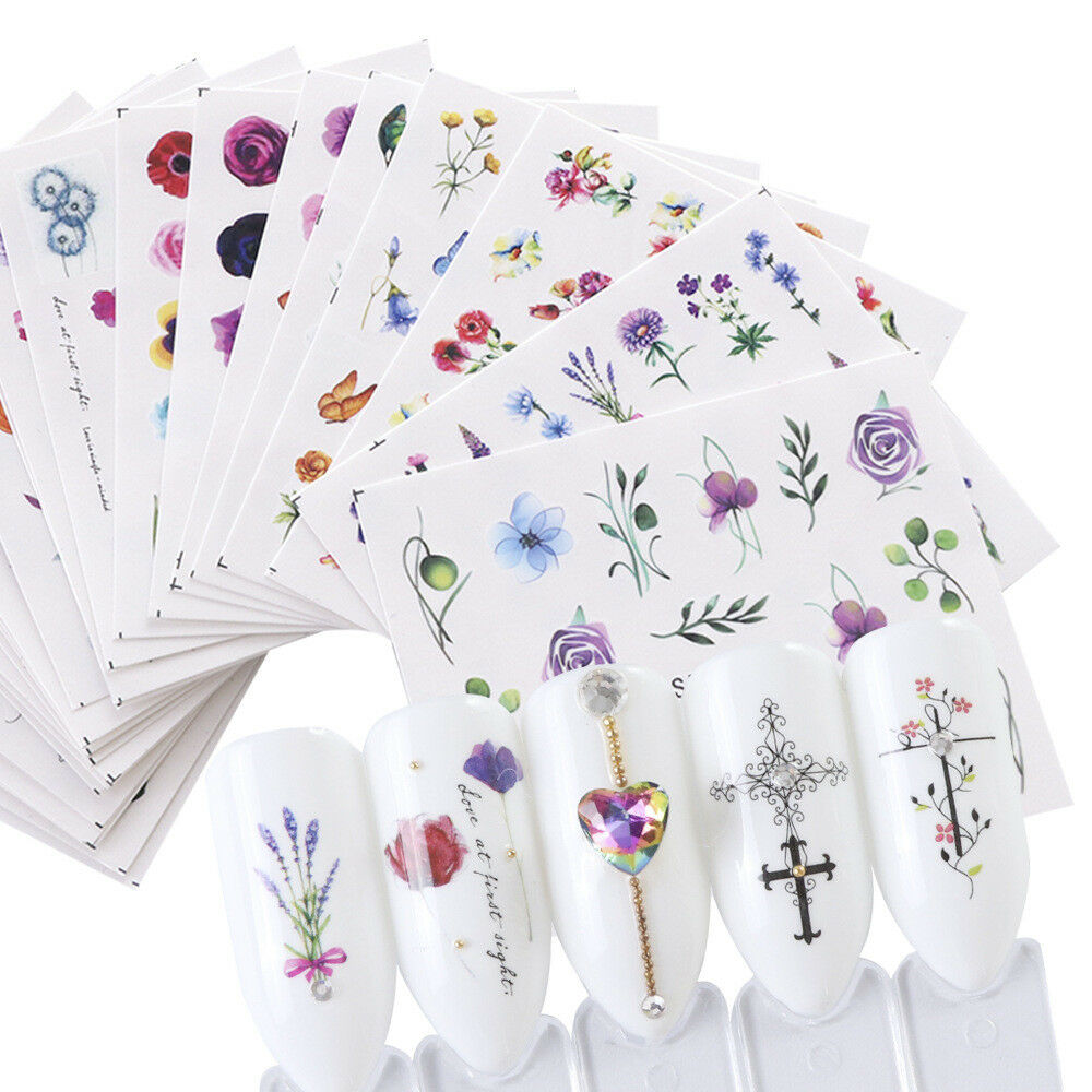 24 Sheets Nail Art Stickers Watercolor Water Transfer Decals Flowers Tips Set
