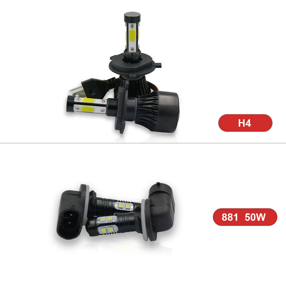 6000K 4-Side Glow H4 LED Headlight Bulbs+881 50W Fog Light fit Kia Spectra 07-09